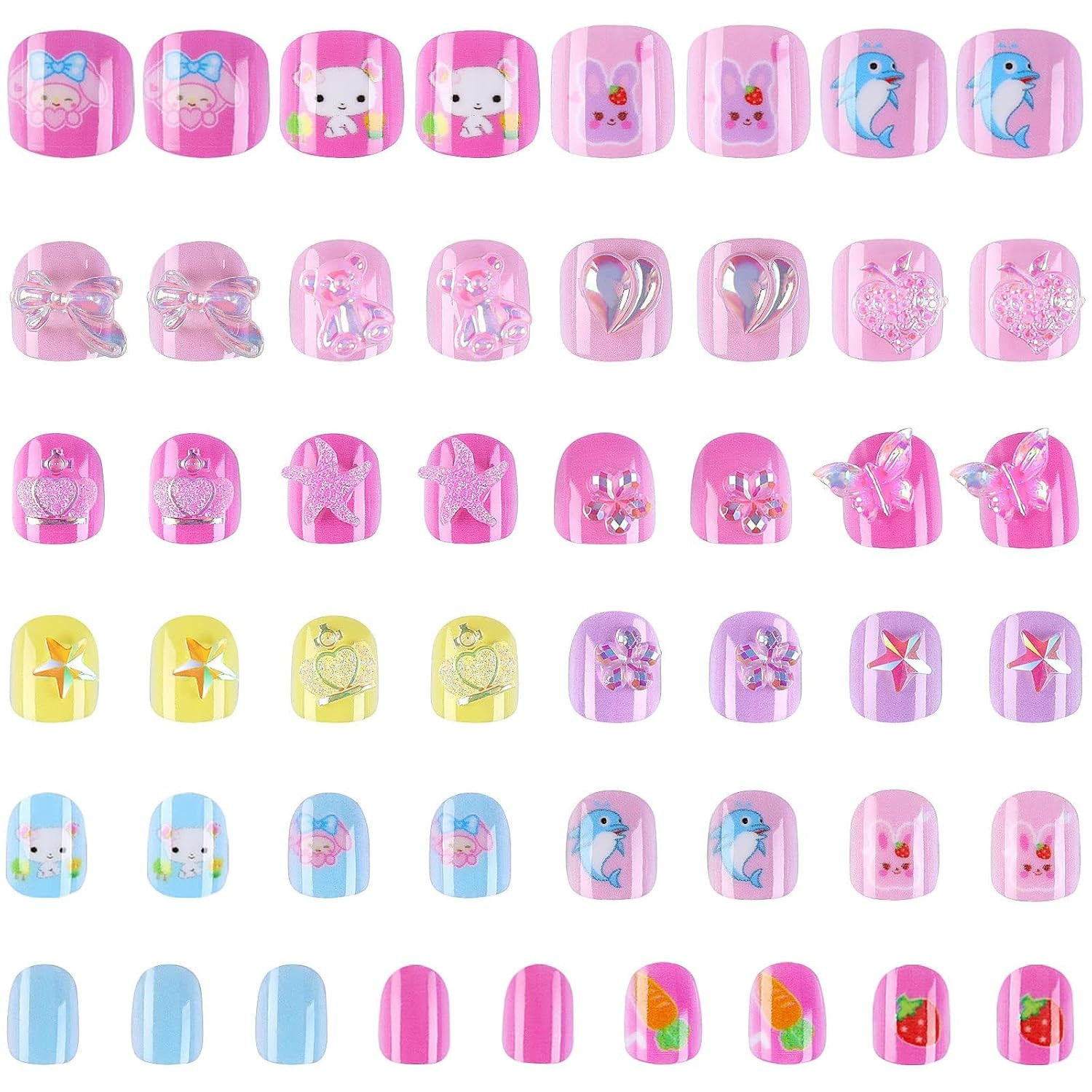 Press on Nails Kids Girls Fake Nails Pre Glued Stick On Cute Nail Art Full Cover