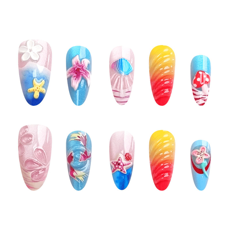 48P Short Almond Press on Nails, Ocean Shell Starfish 3D Summer Fake Nails
