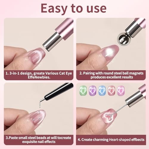 4-Piece Cat Eye Magnet Set – Black Bead-Attracting Nail Magnet Pen & Heart Pink