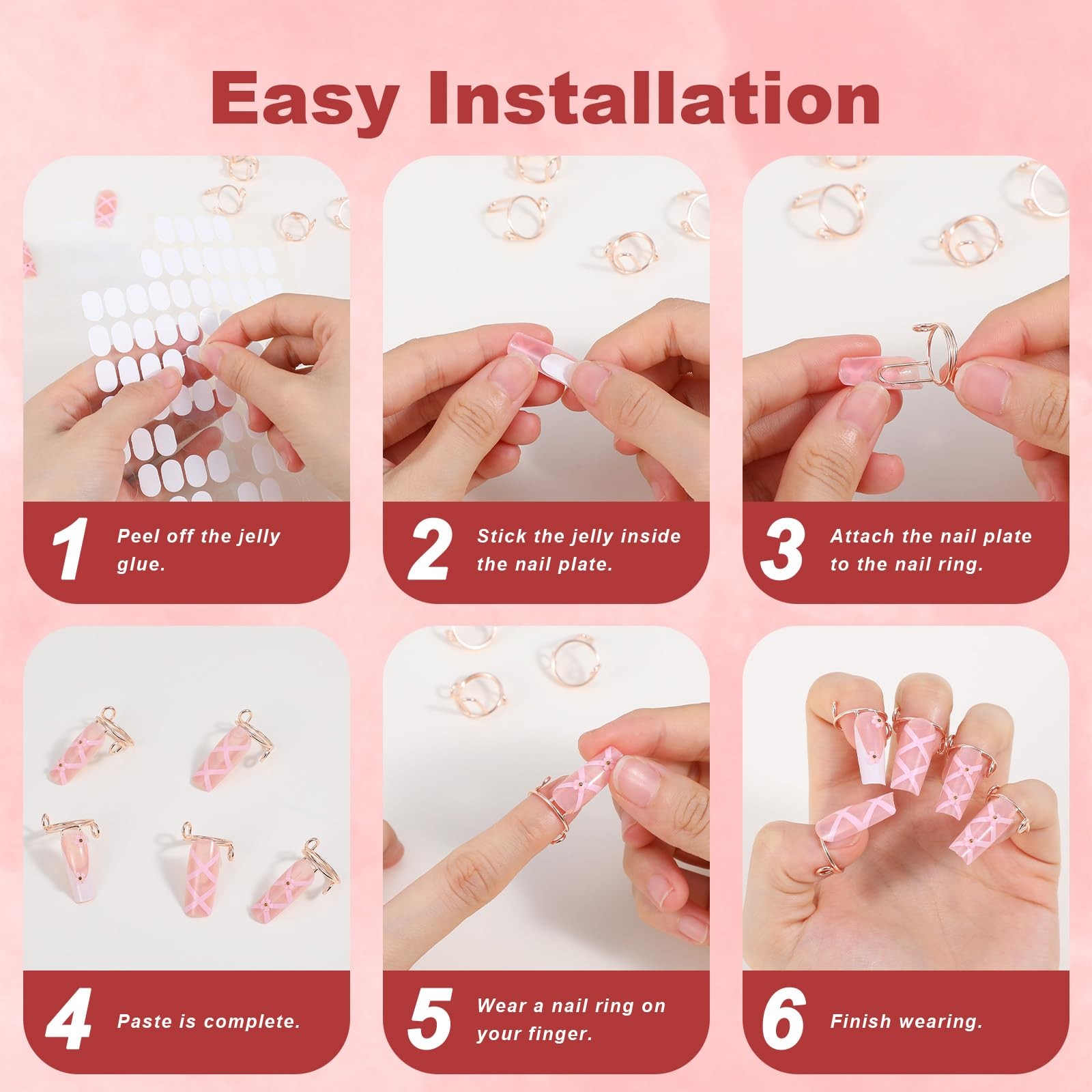 10Pcs Wudu Nail Rings with Nails Attached, Rose Gold Adjustable Metal Nail Ri…