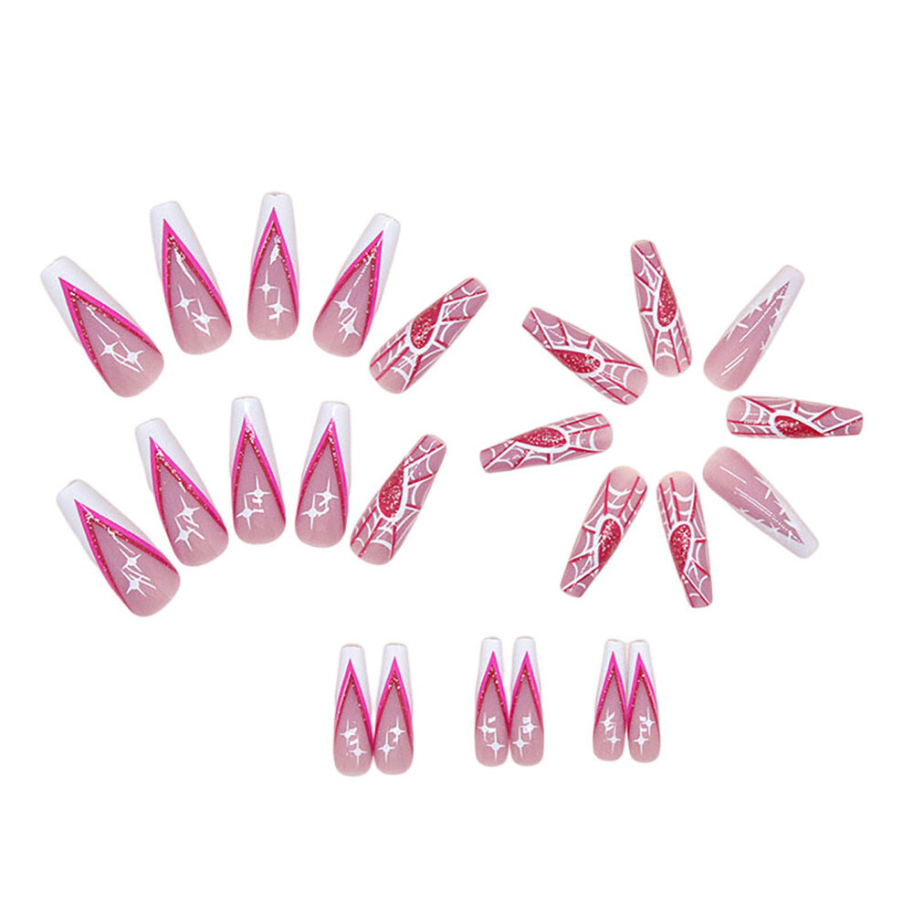 French Press on Nails with Spider Web Printed Pink Long Square Fake Nails
