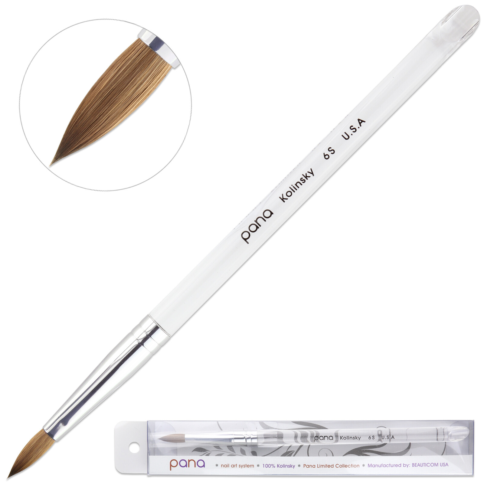 Pana Finest 100% Pure Kolinsky Nail Art Brush with Oval Acrylic Handle Size 6