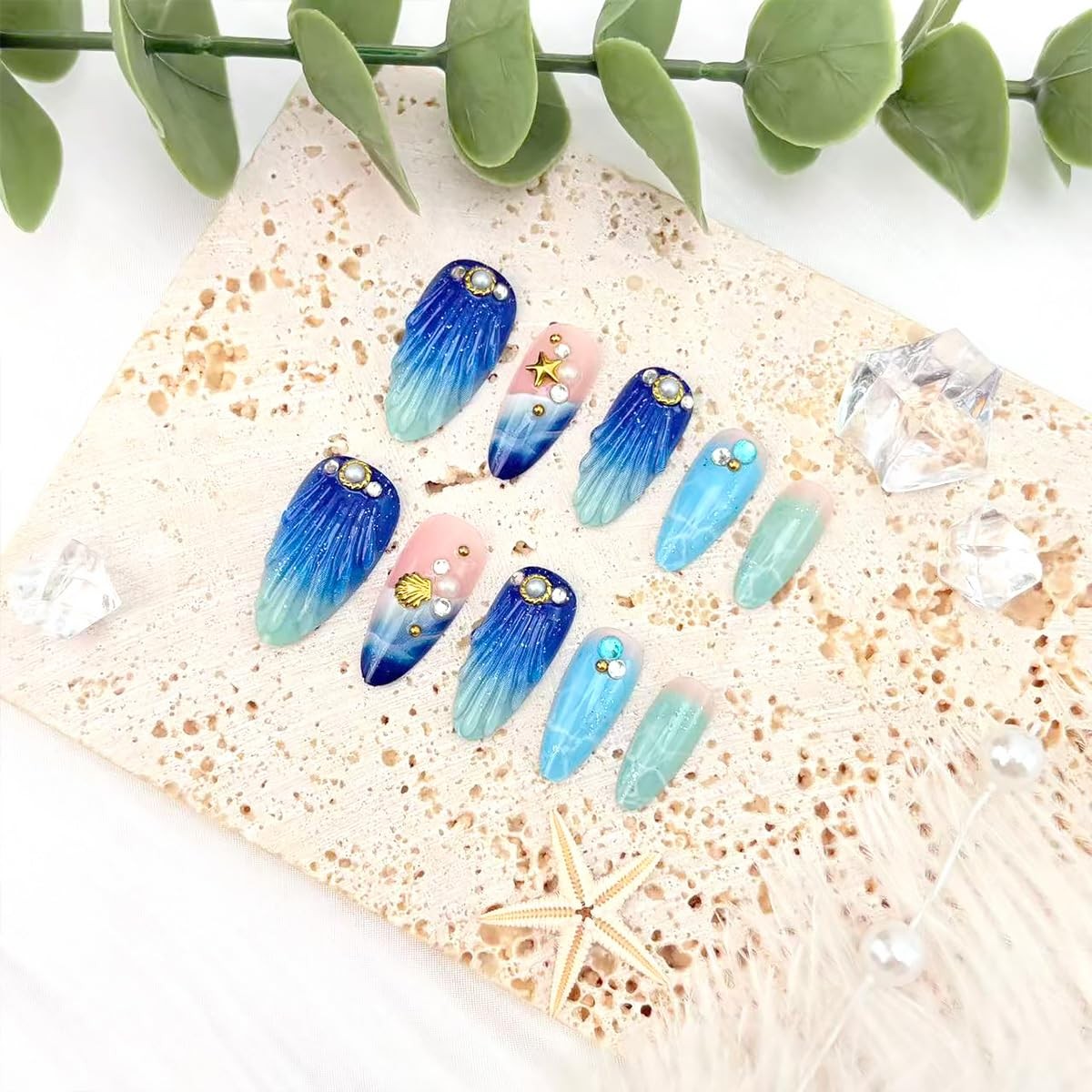 24Pcs Summer Press on Nails Medium Almond Fake Nails Blue Ocean Design 3D Gol…