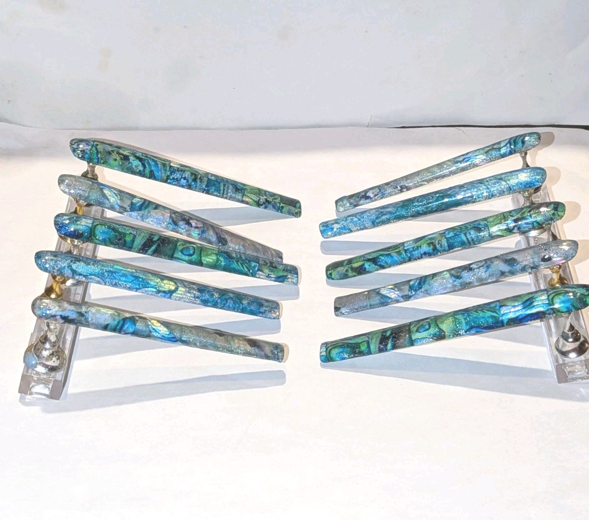 Hand Crafted 6Xl Acrylic Teal and Blue Marble Long Press-On Nails Sz Medium