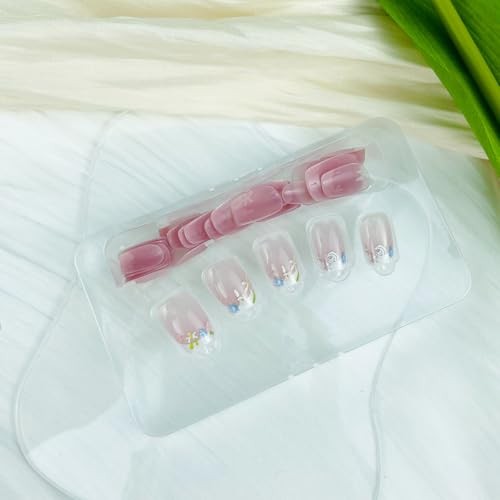 30pcs White French Tip Press on Nails Flower Short Square False Fake Nails04