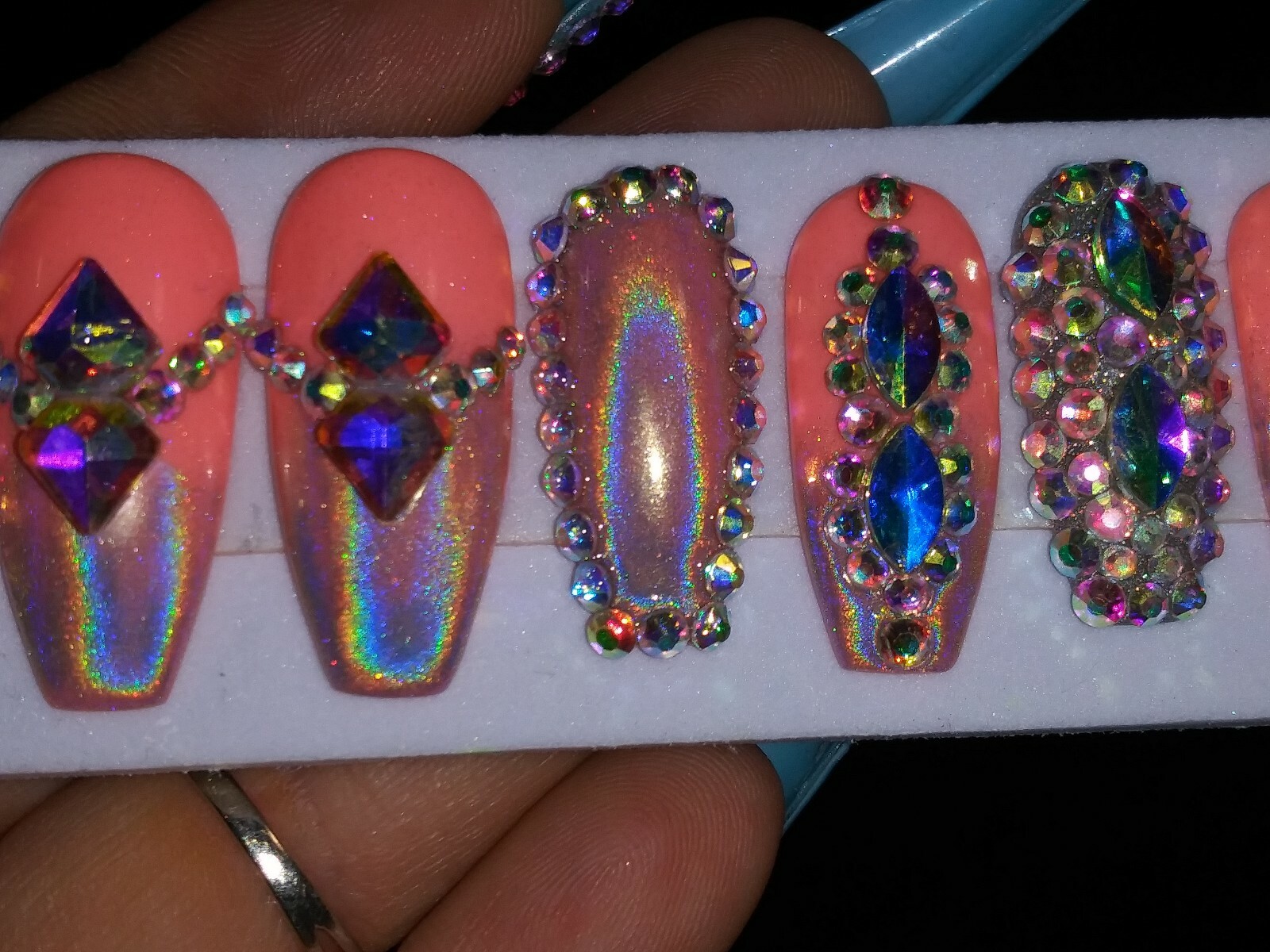 bling coral holographic press on nails coffin crystal diamond chrome metallic