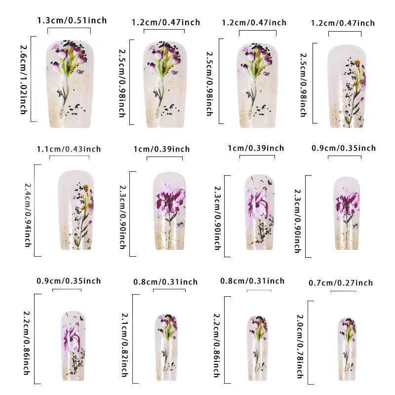 48pcs Long Taper Press on Nails, Clear Nude Purple Lavender Dried Flower Nails