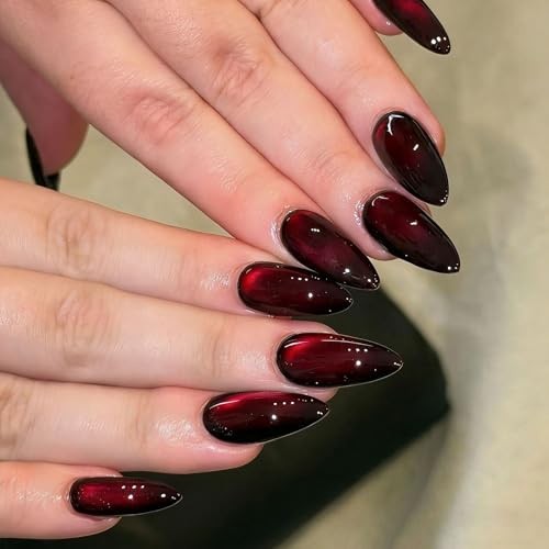 30Pcs Medium Almond Dark Red Cat Eye Press On Nails,Glossy Burgundy Style12