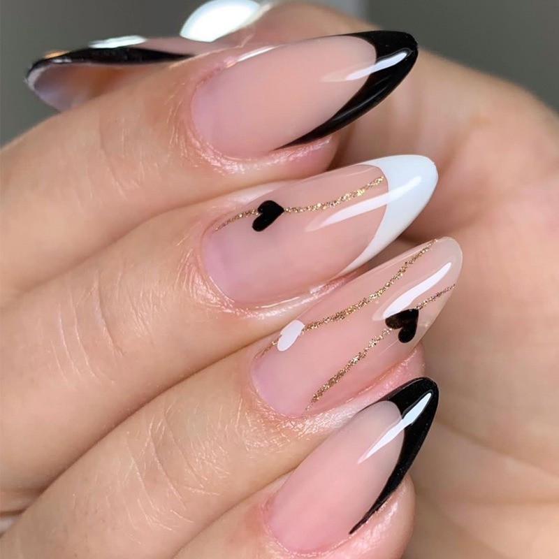 Black &White French Press on Nails Almond Nude with Hearts and Gold Line Design