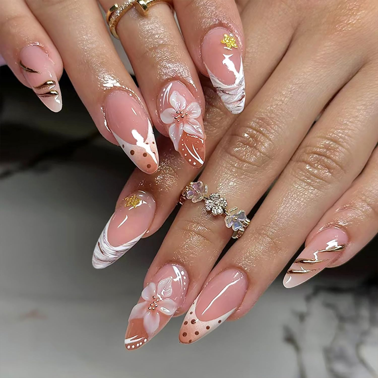 30Pcs Star Press on Nails Medium Almond Fake Nails Green French Tip False Nails