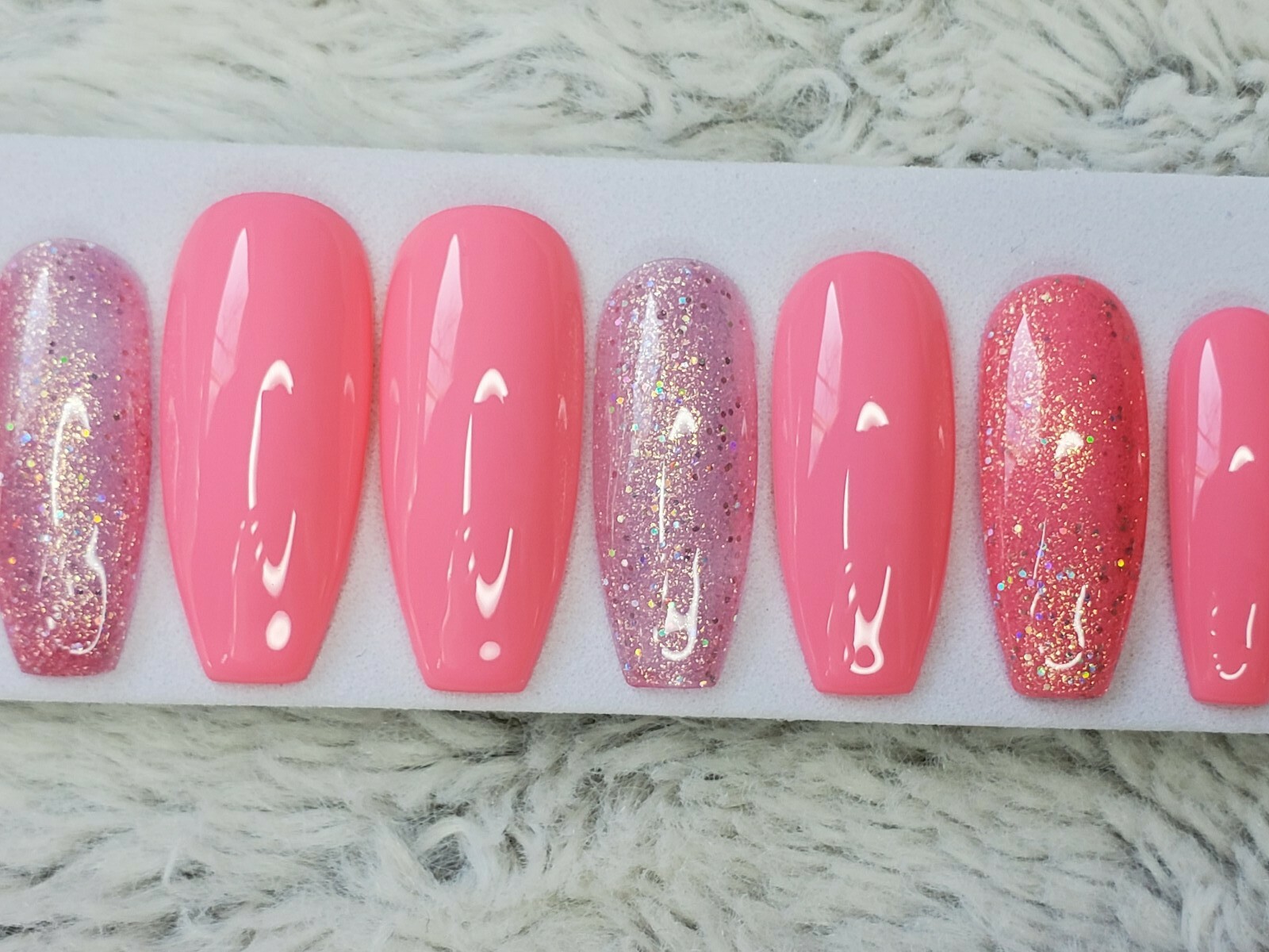 Bright barbie pink Nails Long coffin neon glitter press on nails baby gender set