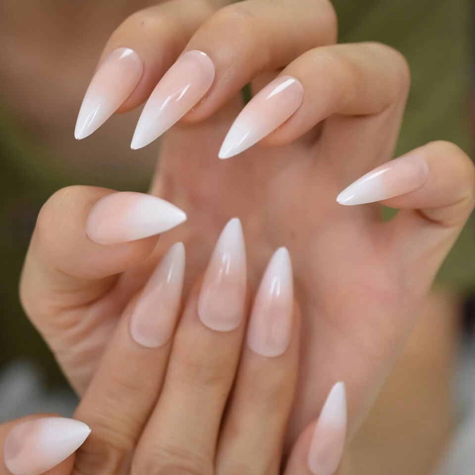 24 Press on nails kit w glue ombre white nude pointed stiletto vampire french