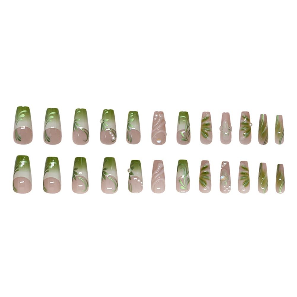 Nails Press on, Coffin Press on Nails Medium Girls Fake Nails with Green Vine…