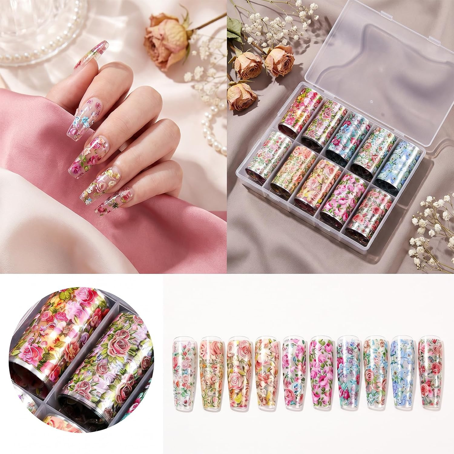 10 Rolls Flower Nail Foil Transfer Sheets Stickers, Nail Art Supplies | Spring F