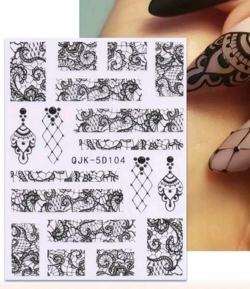 3 Sheets Black Nail Art Transfer Stickers Lace Paisley Vintage Scrolling Demask