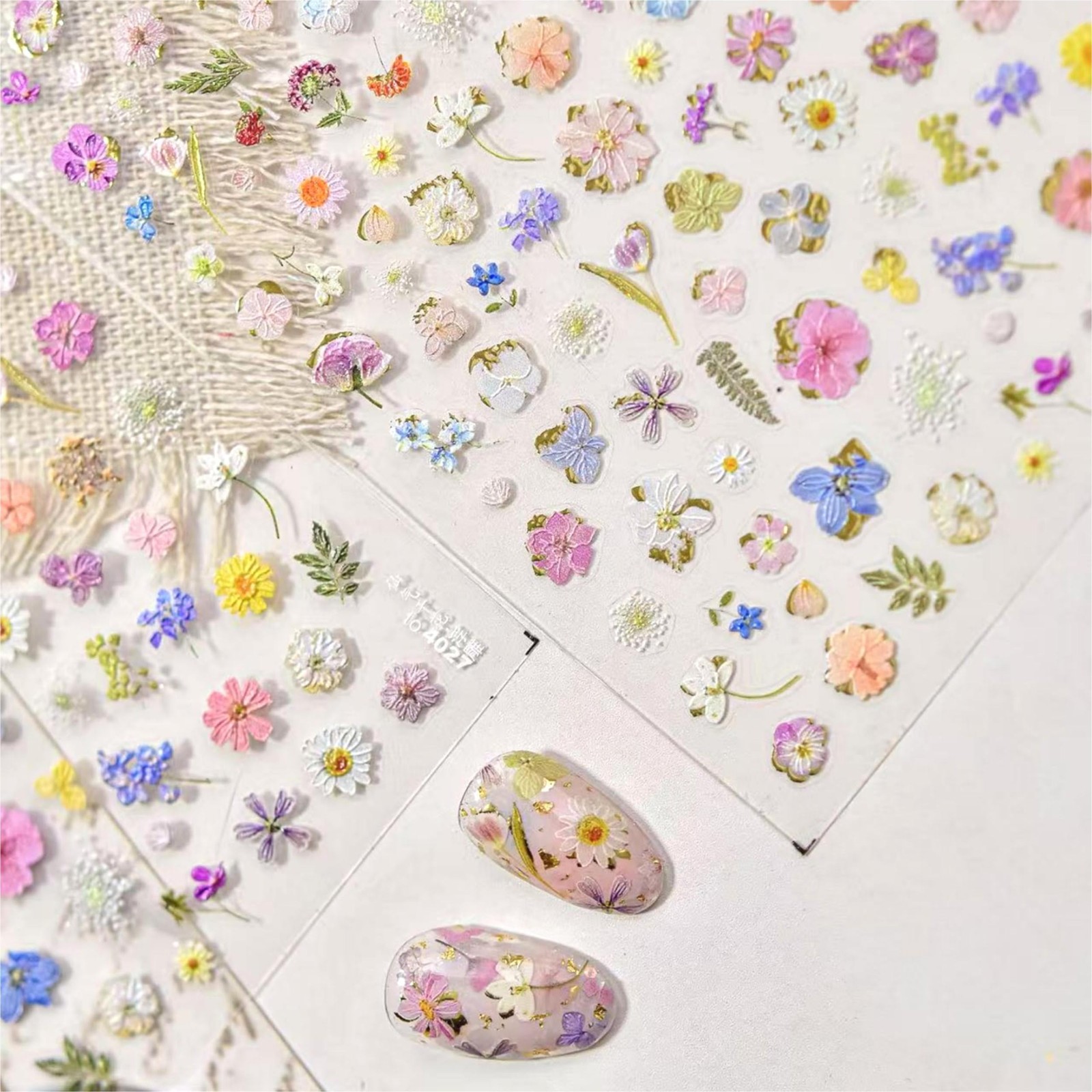 Dried Wildflowers Nail Stickers 5D Embossed Wildflower Nail Stickers Spring S…