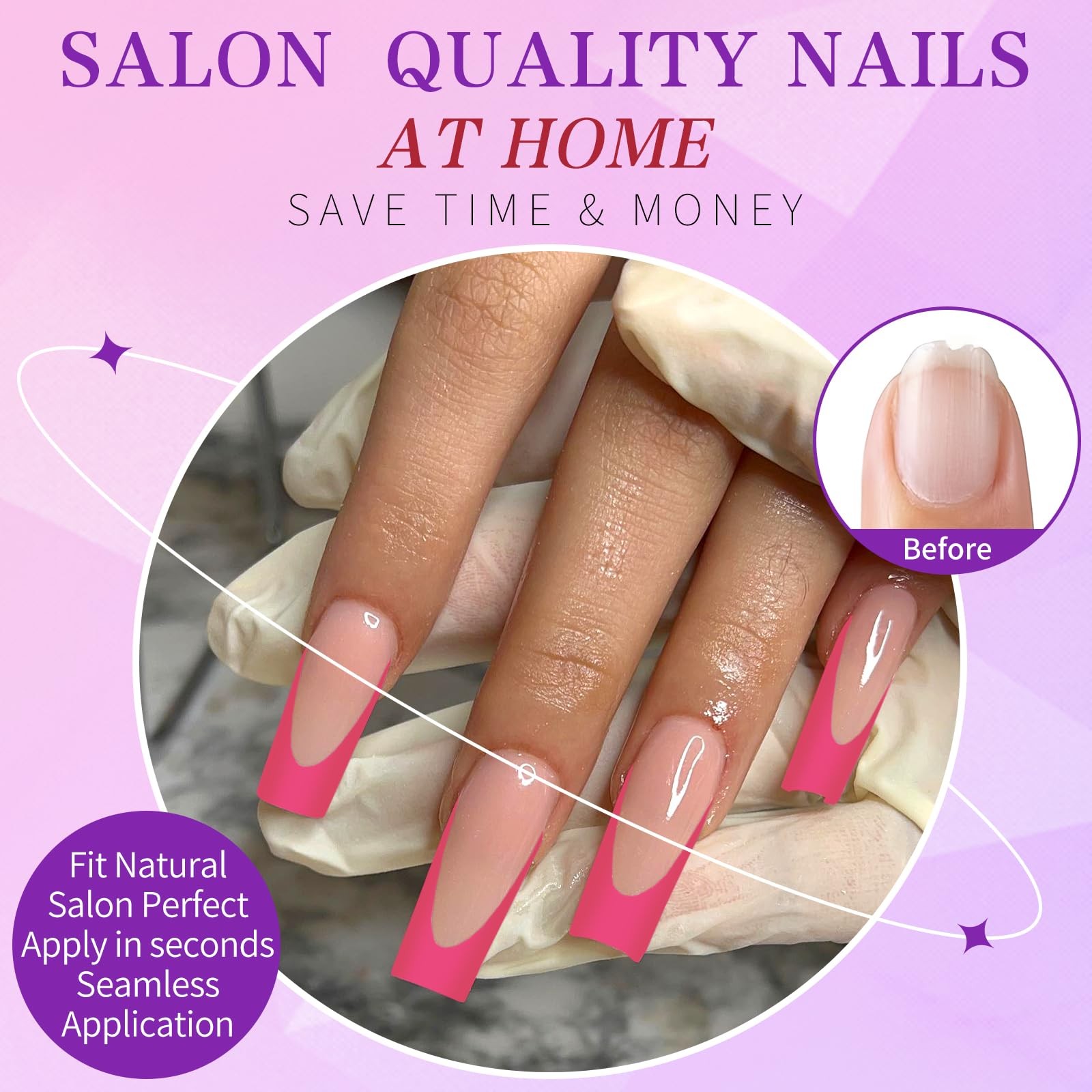 216PC Hot Pink French Tip Press on Nails Long Fake Nails Press ons with 10*Ad…
