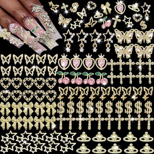106 PCS Gold Nail Charms 3D Nail Art Charms Cherry Butterfly Cross Bow Star
