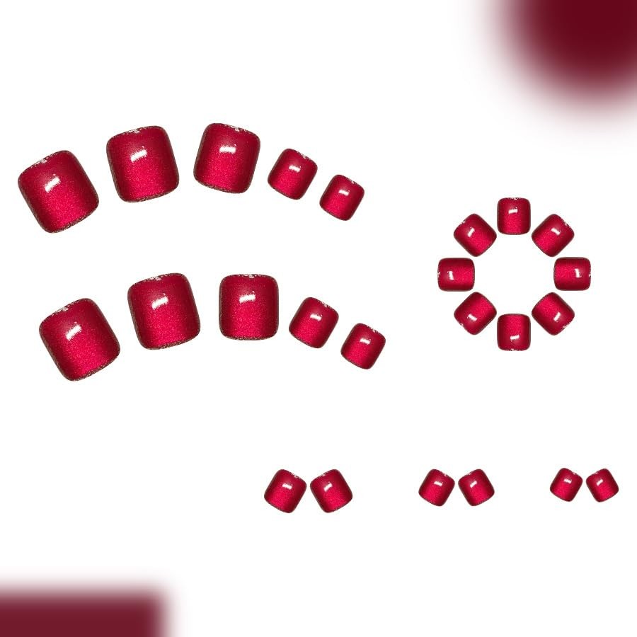 Wine Red Press on Toenails Short Square Fake Toe Nails Red Cat Eye Style 3