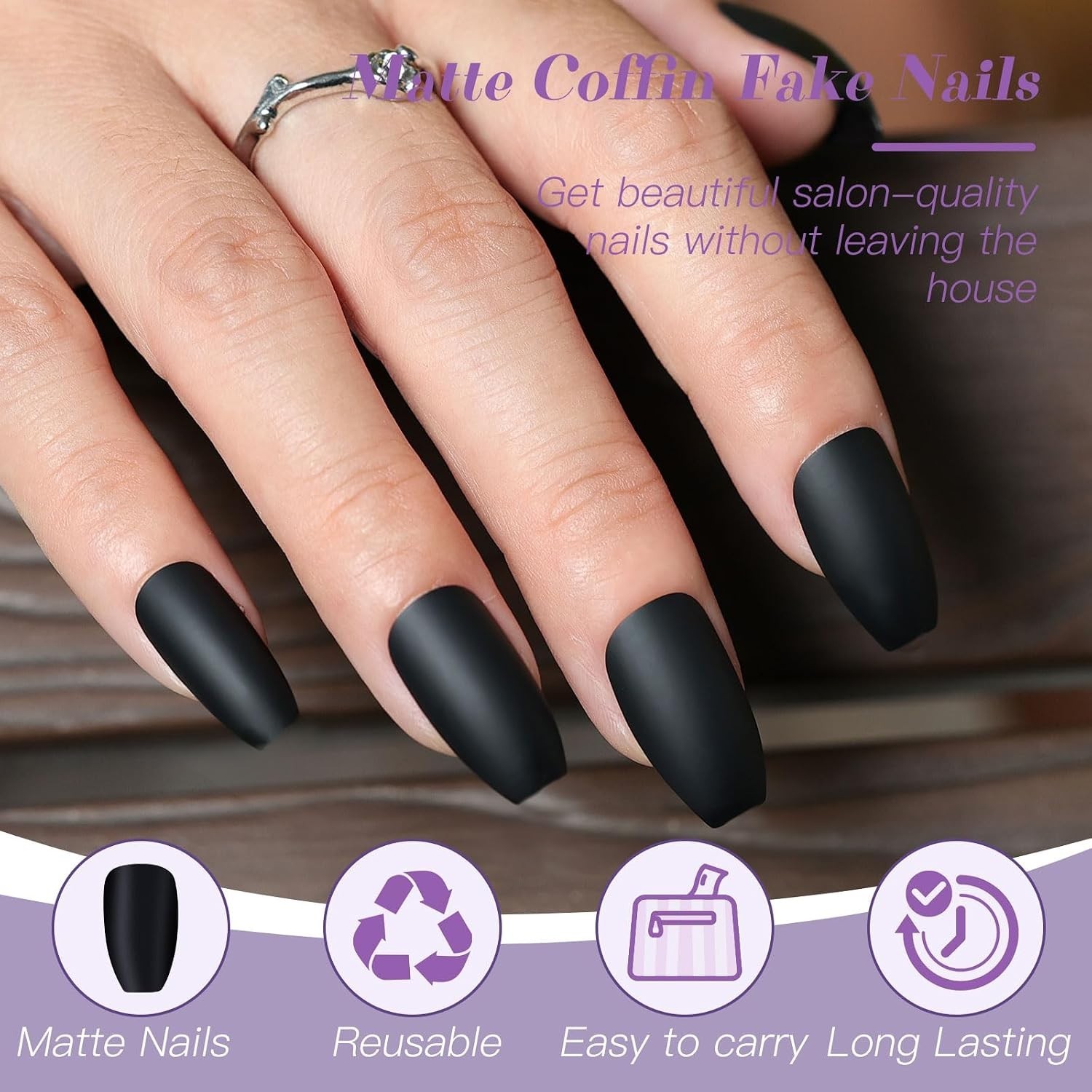 Glamorous 24PCS Acrylic False Nails – Black Matte Finish for Easy Application