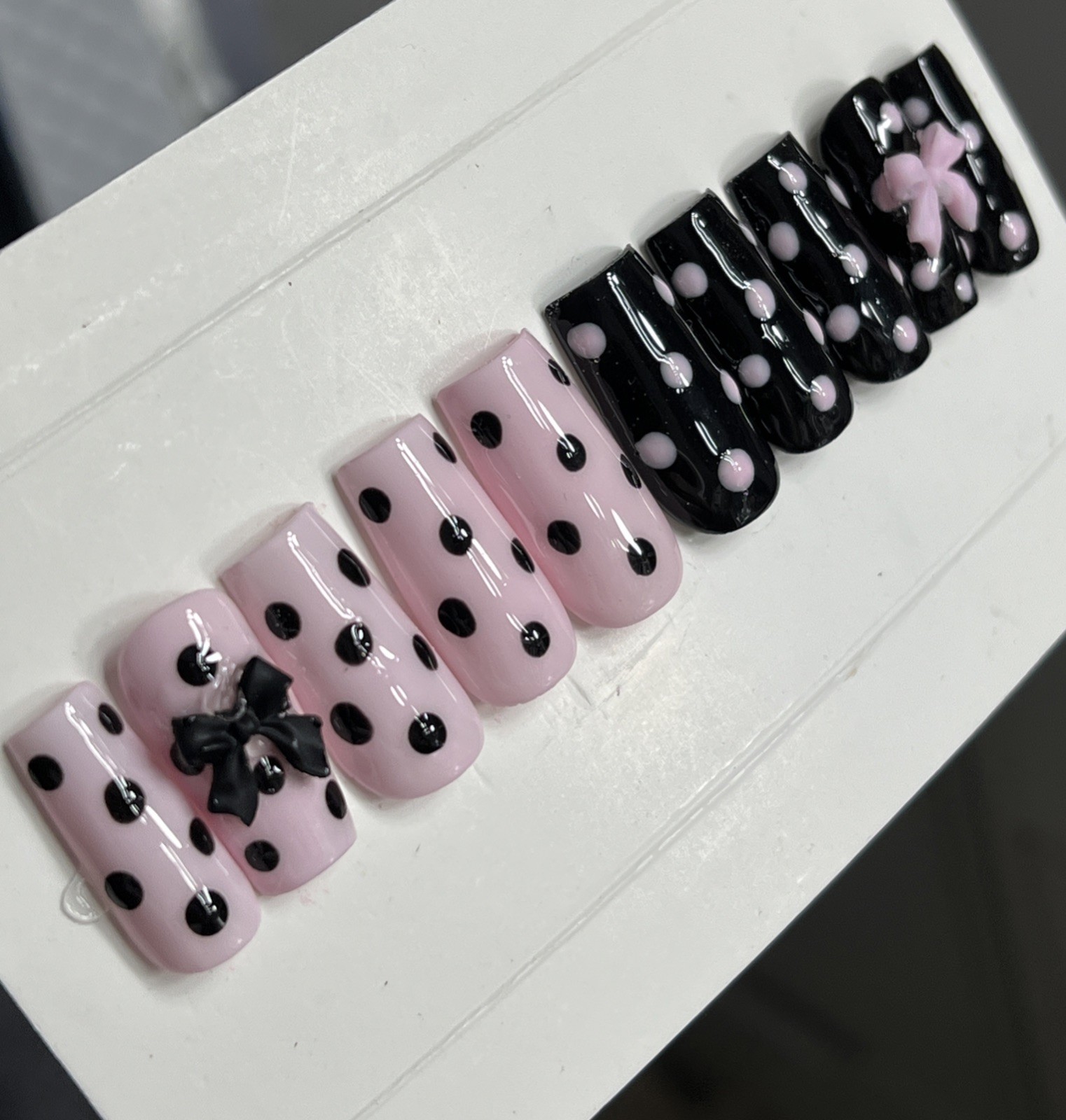 🌸 CUSTOM Press On Nails PINK BLACK POLKA DOTS BOW 10p SET W Kit
