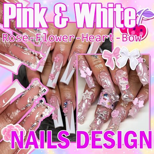 3D Flower Nail Charms Bulk Pink and White 3D Flowers and Bows Nail Charms Set C