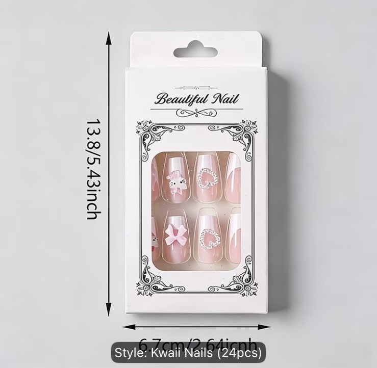 24pcs Pink White French Tip Press on Nails- Sanrio Hello Kitty,heart, Pearls