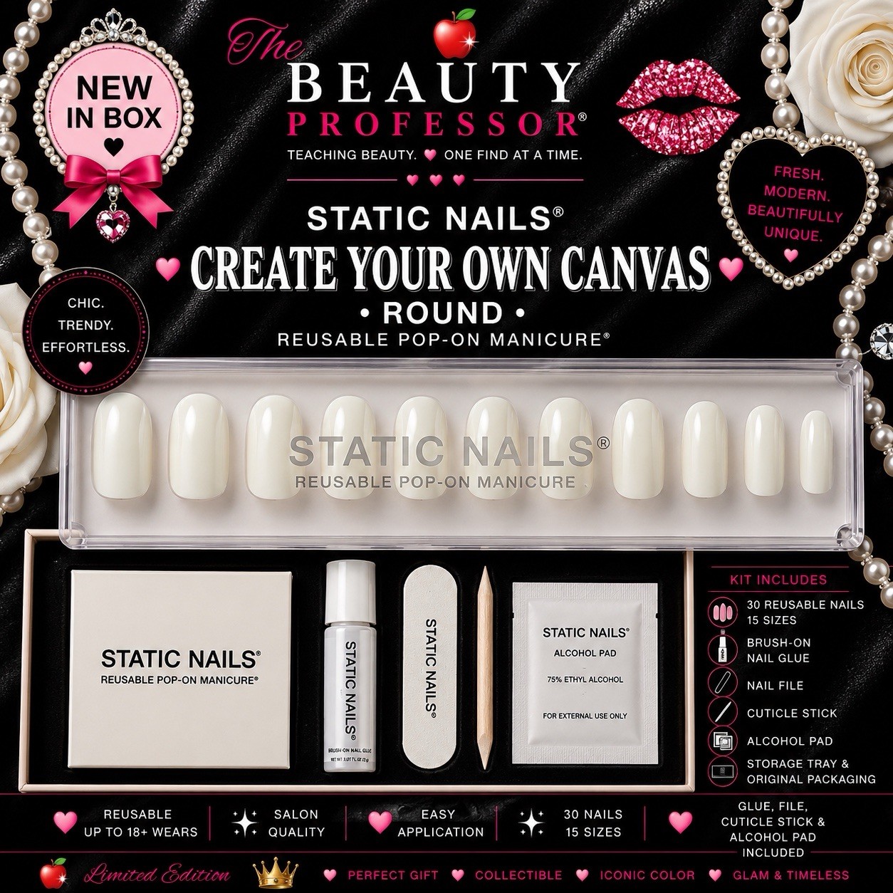 🤍 Static Nails Create Your Own Canvas Round Reusable Pop-On Manicure New In Box