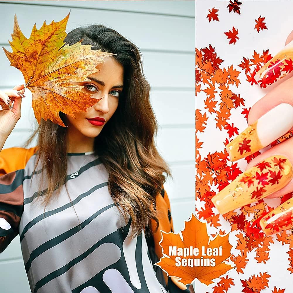 Holographic Glitters Fall Maple Leaf Shaped Nail Art Sequins Flakes 2 Pot, 3D Me