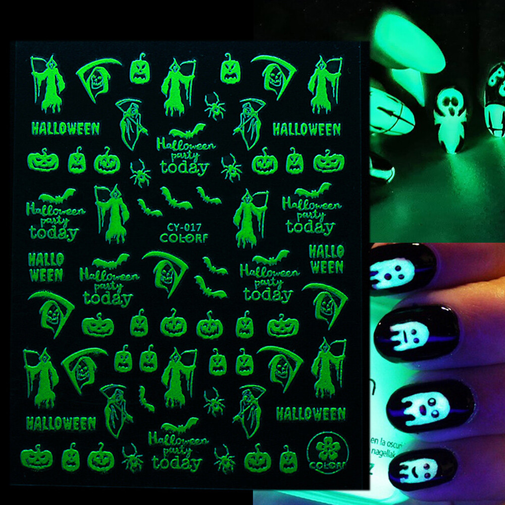 Luminous 3D Nail Stickers Glow In Dark Halloween Decals Nail Art Decoration New