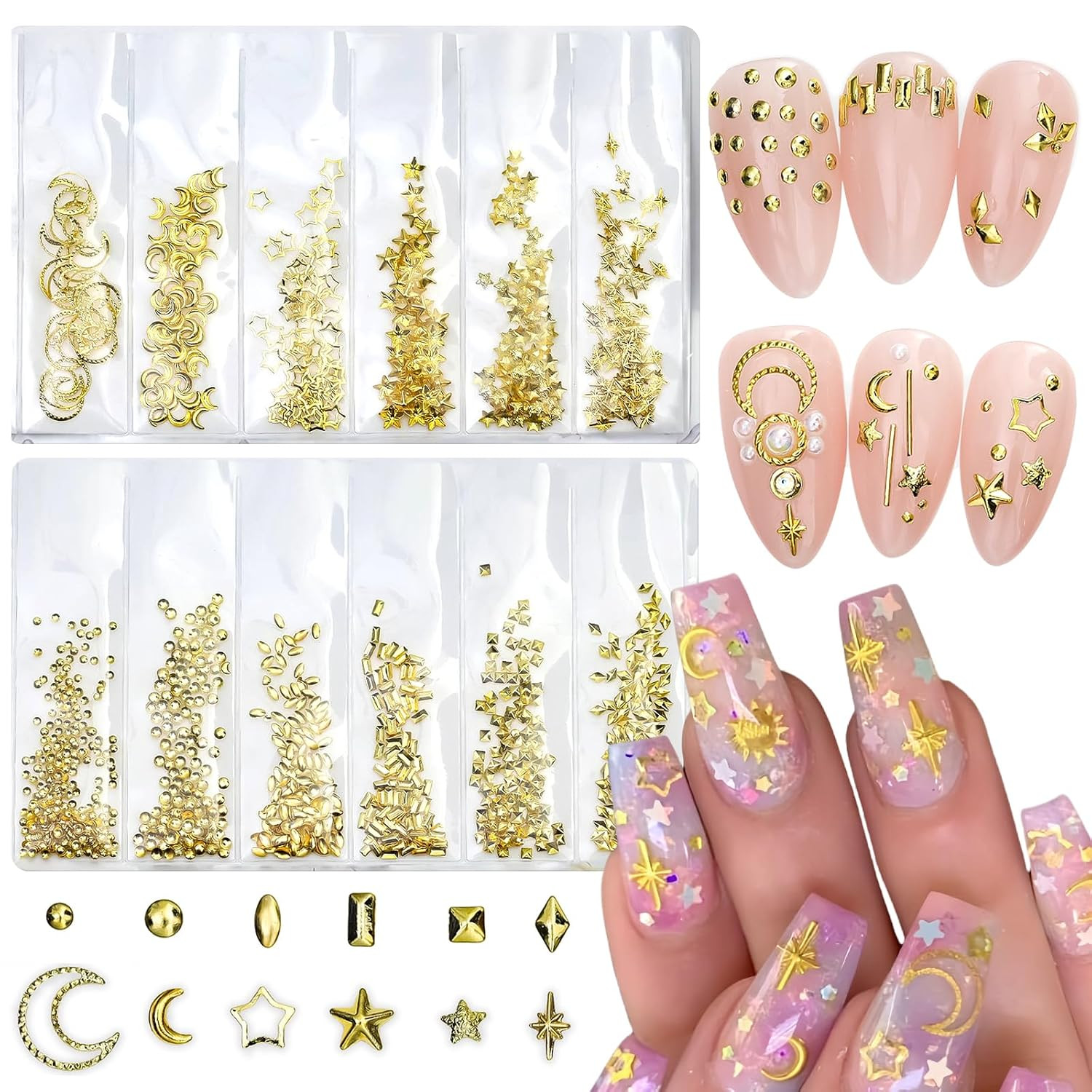 600Pcs 3D Gold Star Moon Nail Art Rhinestones Metal Star Moon Nail Charms Multi-
