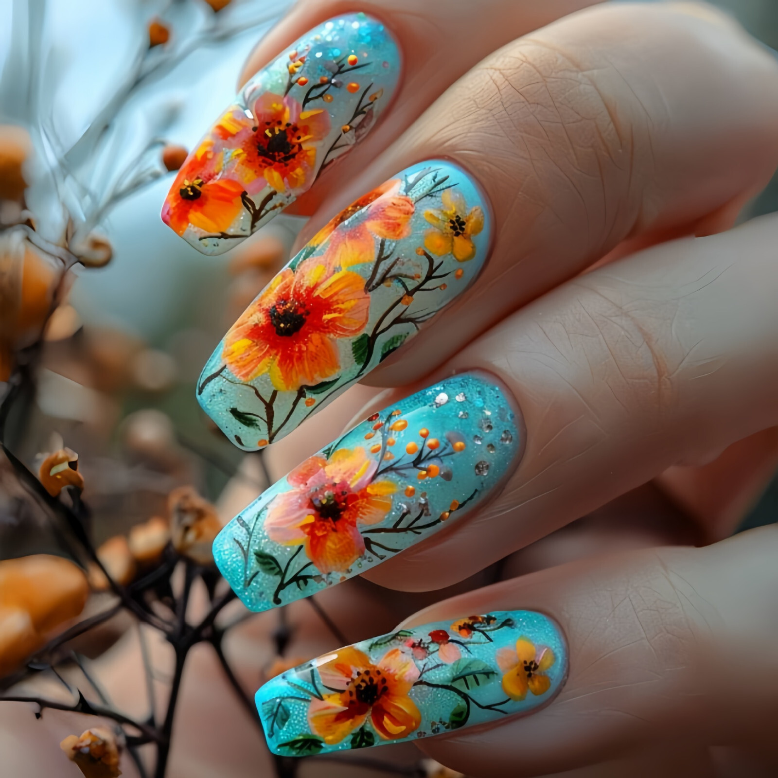 4 set （24Pcs/set ）Flowers False Nail Art Full Cover Artificial Fake Nails
