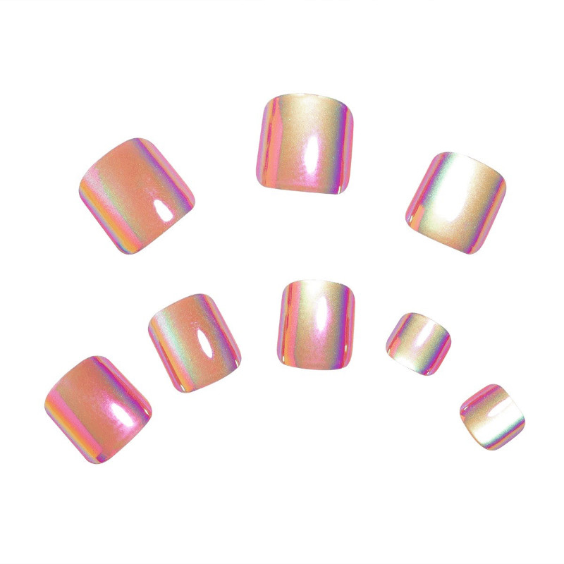 48Pcs-Short Square Peach Iridescent Aurora Chrome Toe Press on Nails