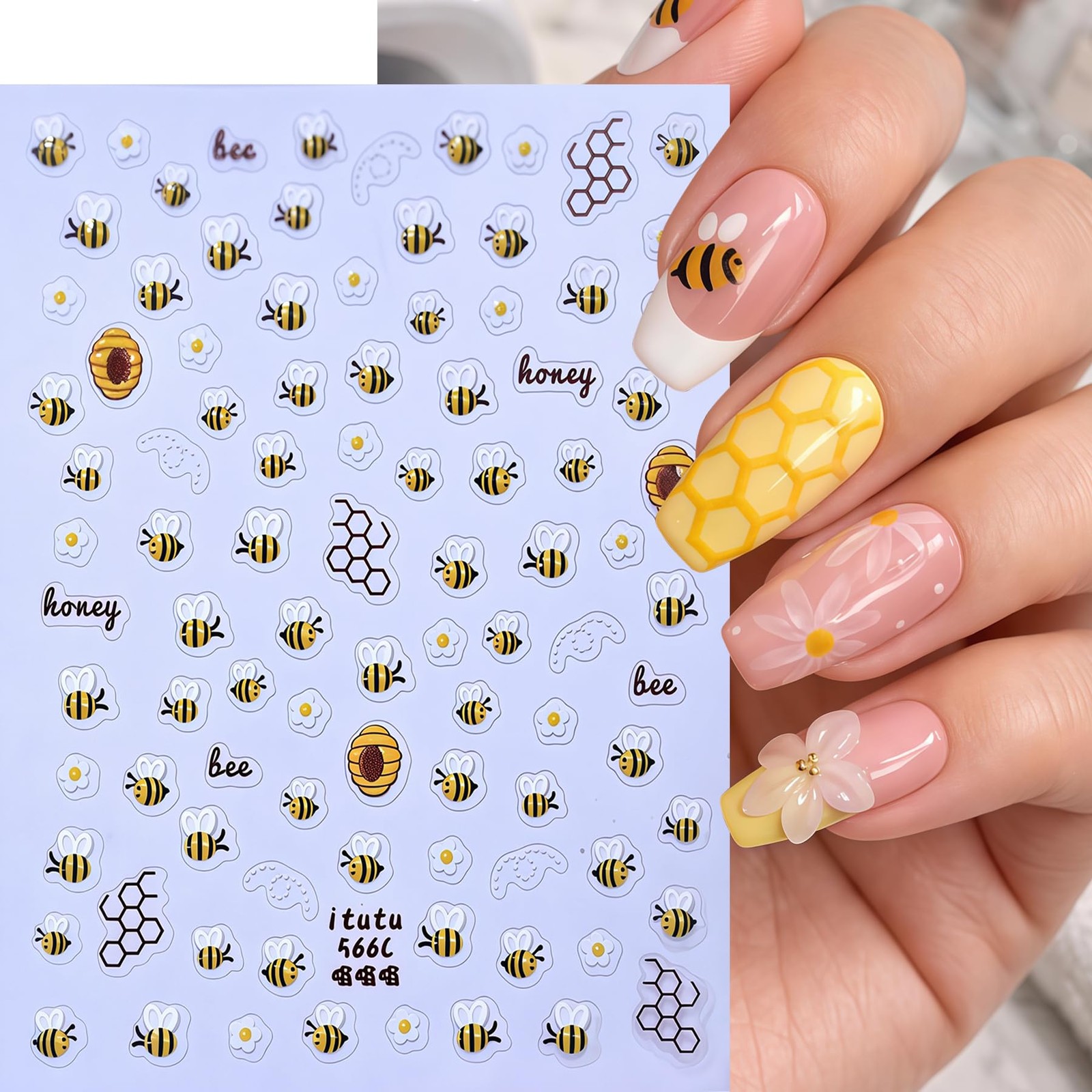 2 Sheets Floral Ladybug Nail Stickers 5D Embossed Cute Bee Nails Decals Tiny …