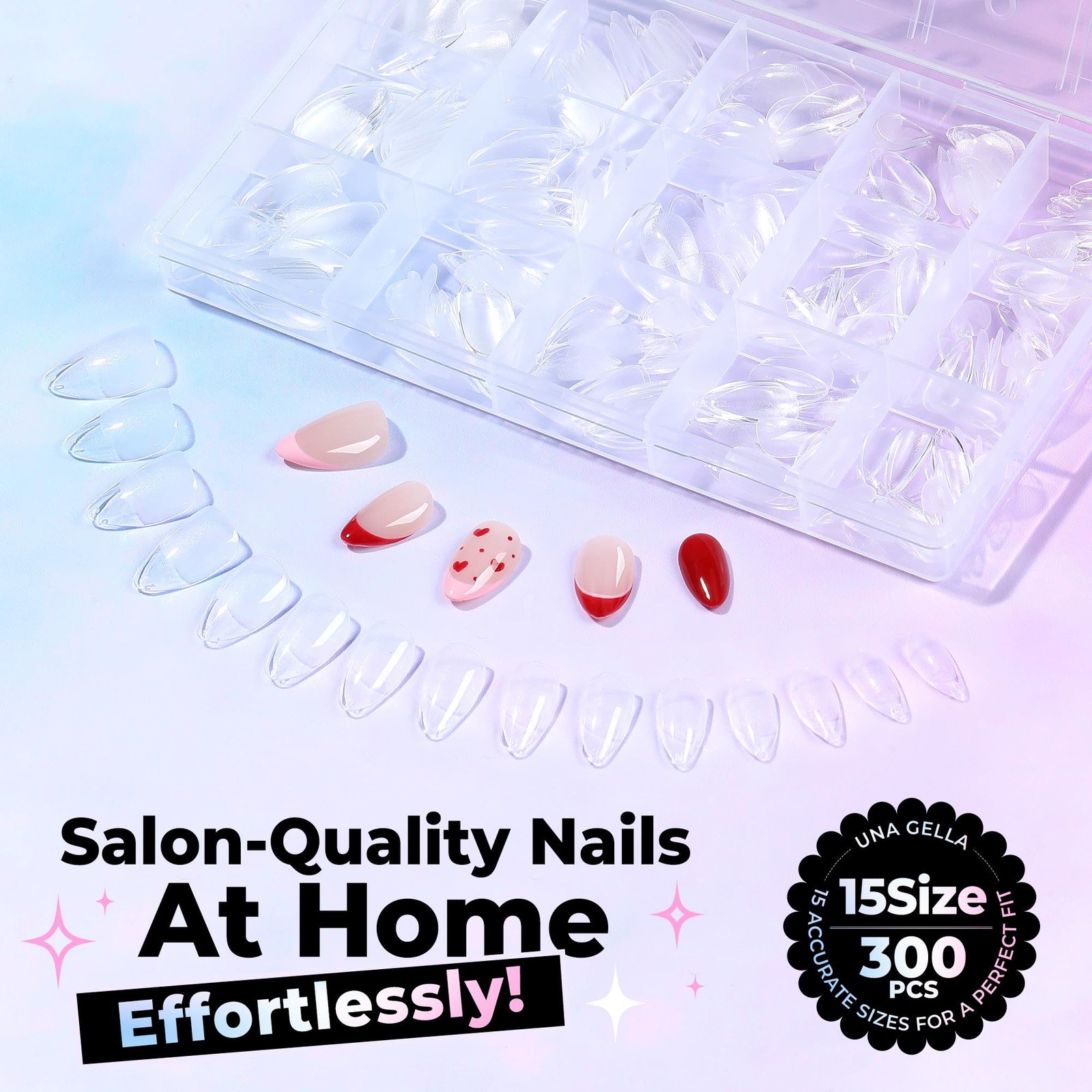 UNA GELLA Short Almond Gel Nail Tips 15 Sizes (15 sizes), Clear