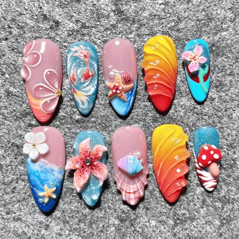 48P Short Almond Press on Nails, Ocean Shell Starfish 3D Summer Fake Nails