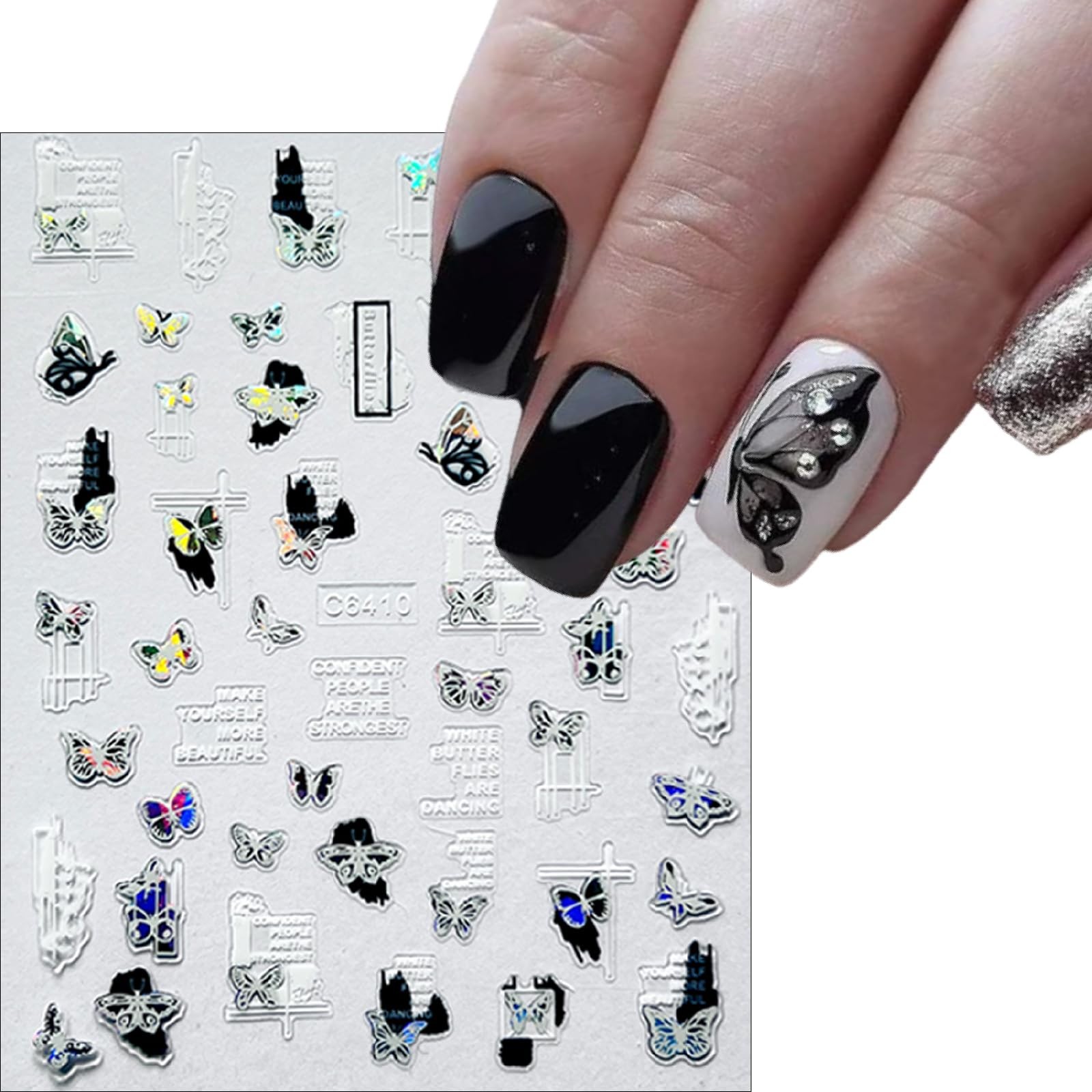 6 Sheets Shiny Aurora Butterfly Nail Art Sticker 3D -Adhesive Luxury White Fl…