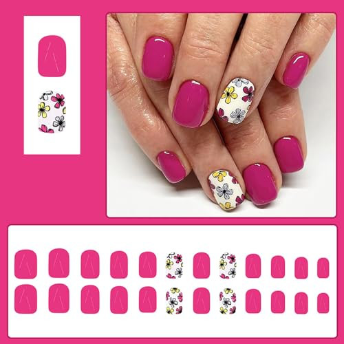 24Pcs Spring Press on Nails Cute Flower Fake Nails Short Square Acrylic A51
