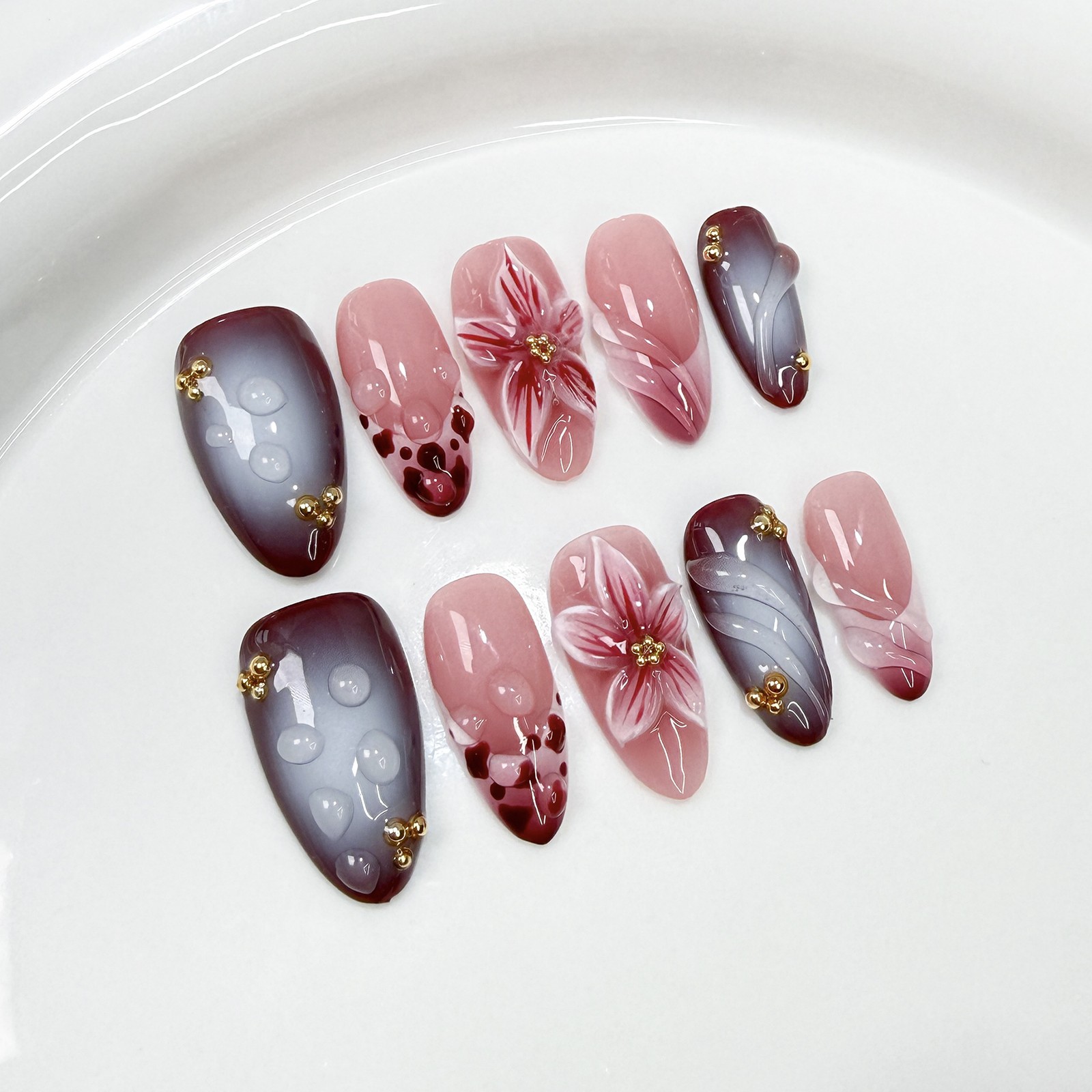 10Pcs Handmade French Press on Nails 3D Golden Flower Rhinestone Almond FakeNail