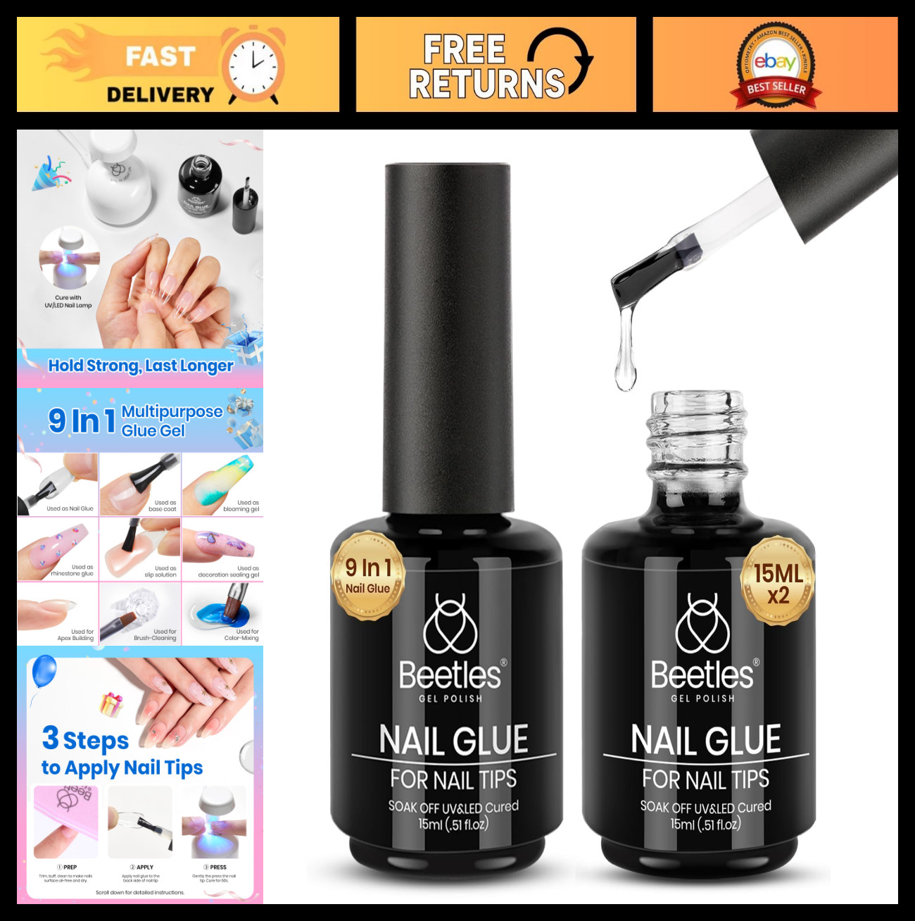 9 in 1 Gel Nail Glue Kit – 2x15ml Long Lasting Clear Acrylic Polish, UV Light Ne