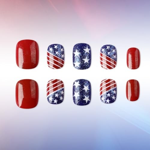 4th of July Press on Nails Short Square – Red White Blue Patriotic Fake Style14