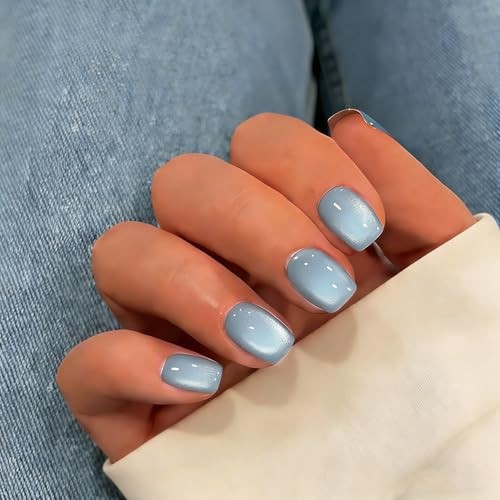Cat Eye Press On Nails Short, 30 Pcs Glitter Pastel Blue glass light blue