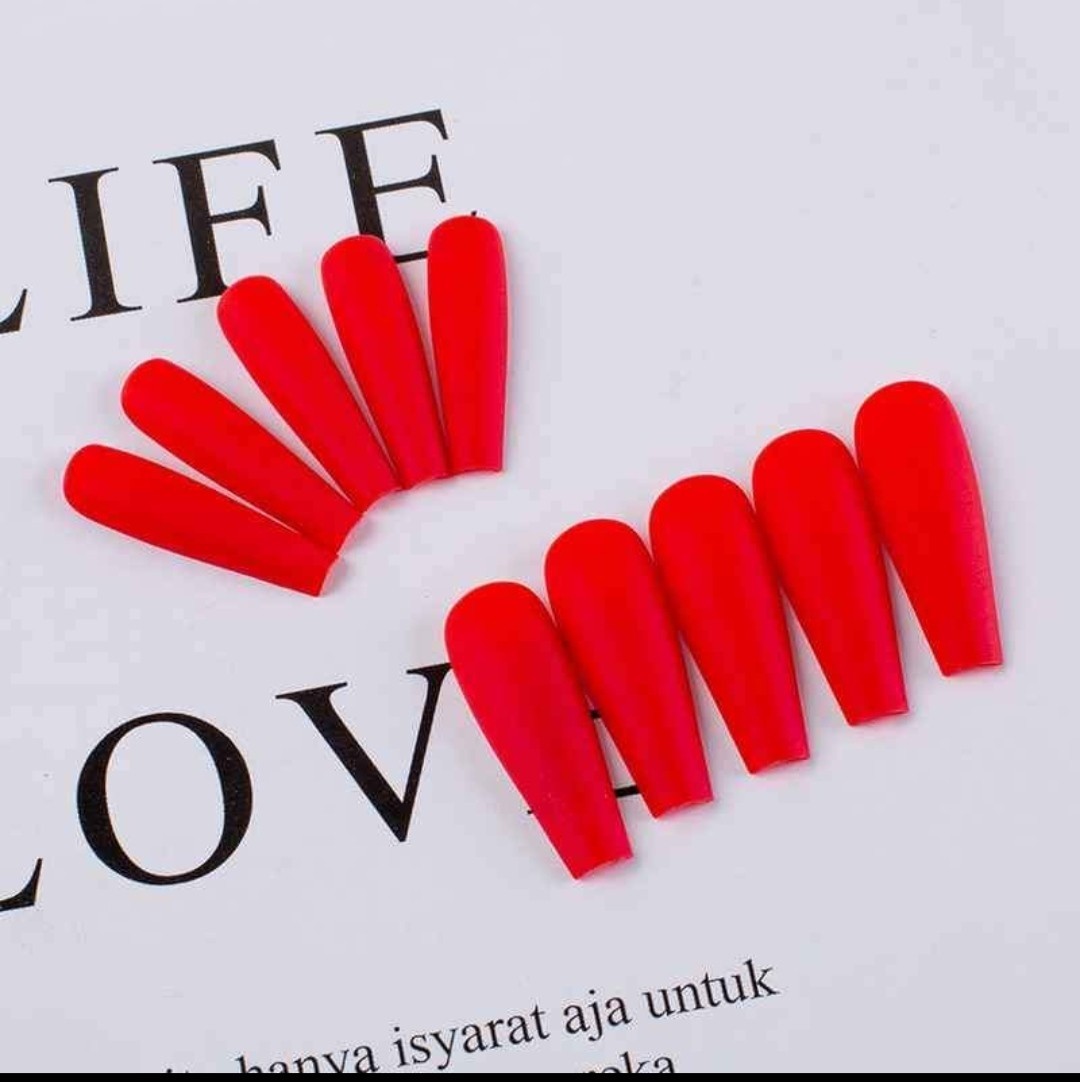 Red Matte Long Coffin Full Cover Artificial Nail Tips for Finger