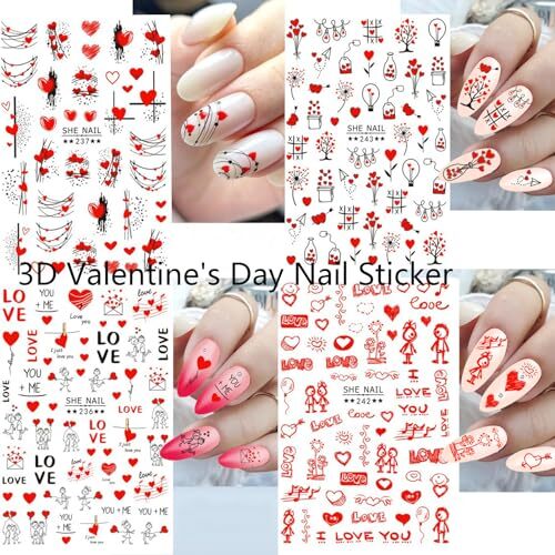 12 Sheets Valentines Nail Stickers, 3D Self-Adhesive Heart Nail Valentines-1