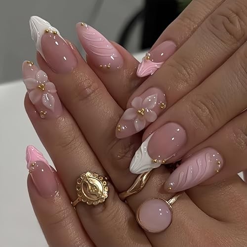 Almond 3D Pink Press on Nails – Medium French Tip Fake Nails – Flower