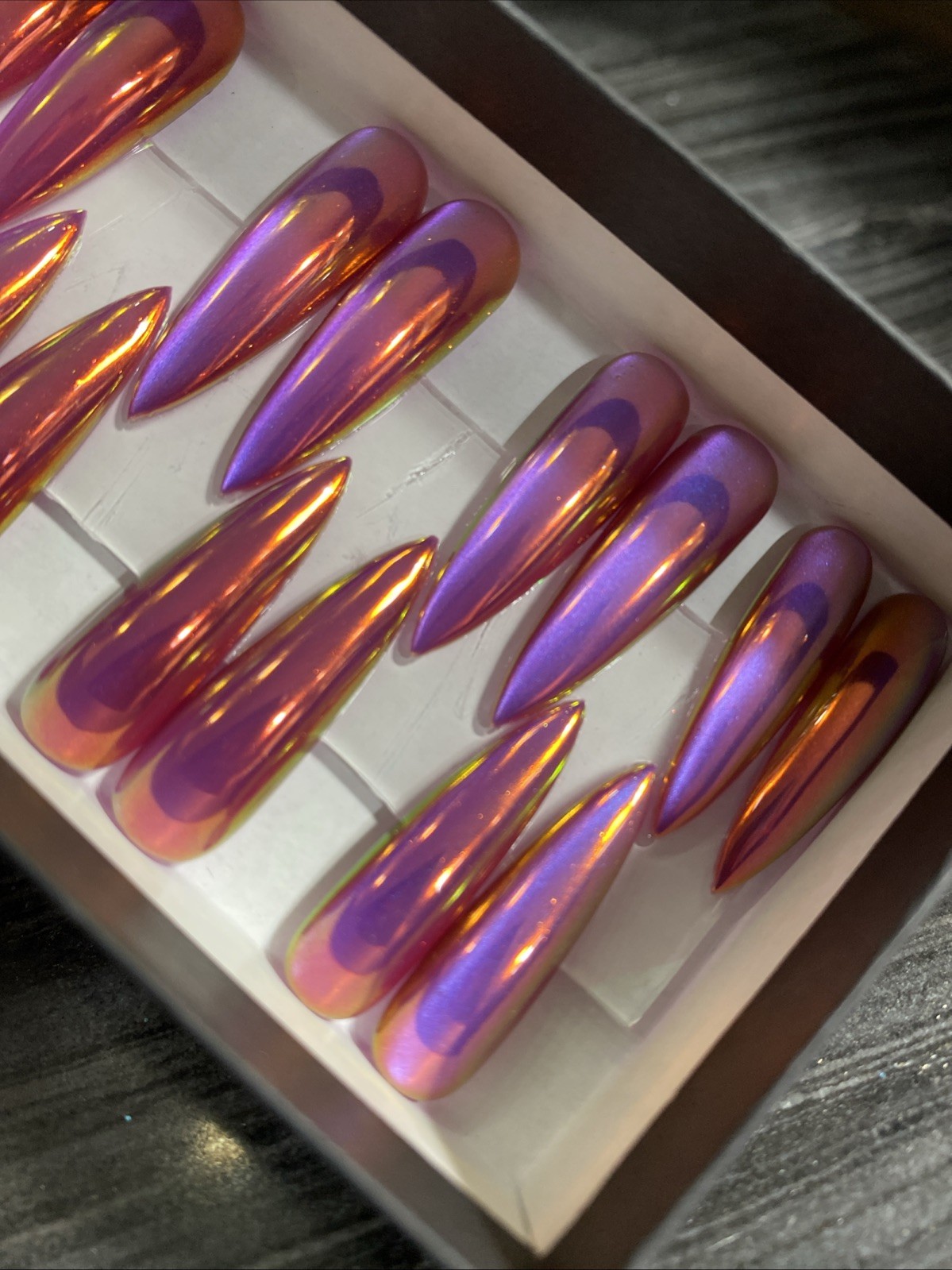 Press On Nails 26 Handmade Long Stiletto Ab Chrome Cateye Pink Gel / Gel Polish