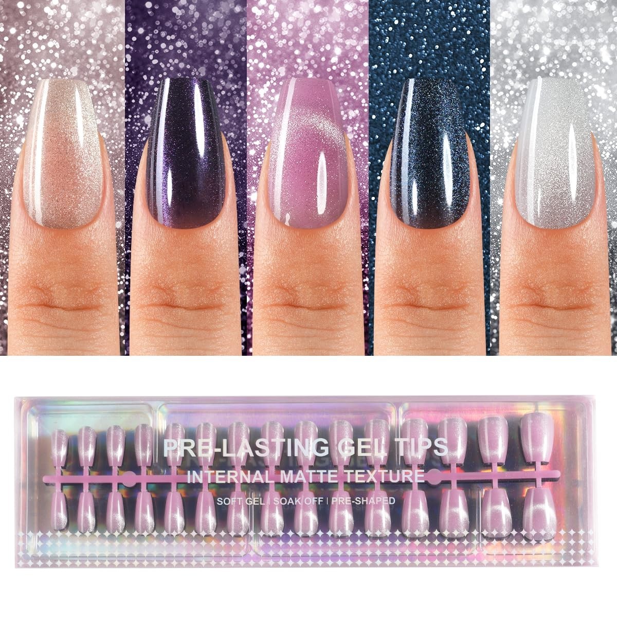 Durable Cat Eye Glitter Press On Nails – 150Pcs in 15 Sizes for Effortless Style