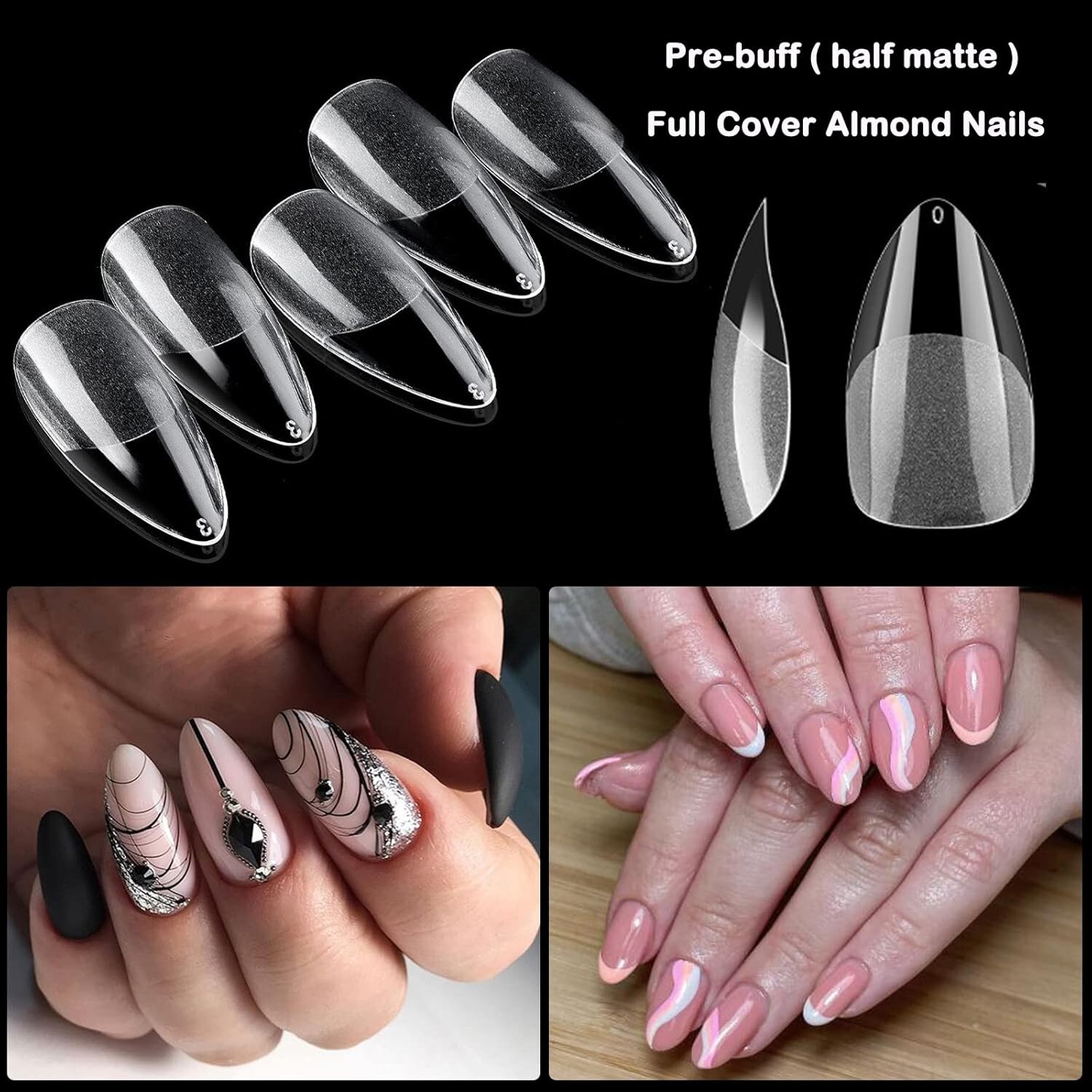 “600pc Almond Gel X Nail Tips Full Cover Short Stiletto Fake Nails Clear Mediu..