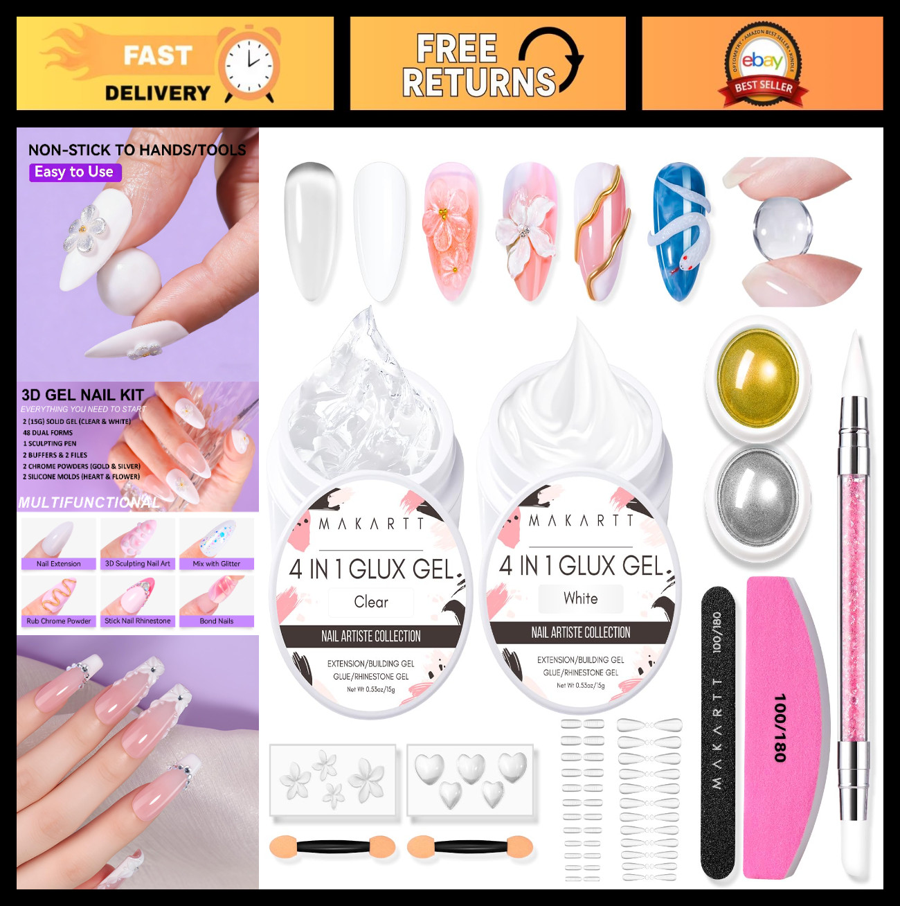 3D Gel Nail Art Starter Kit – Clear & White Sculpting Gel, Non-Sticky Molding Gl