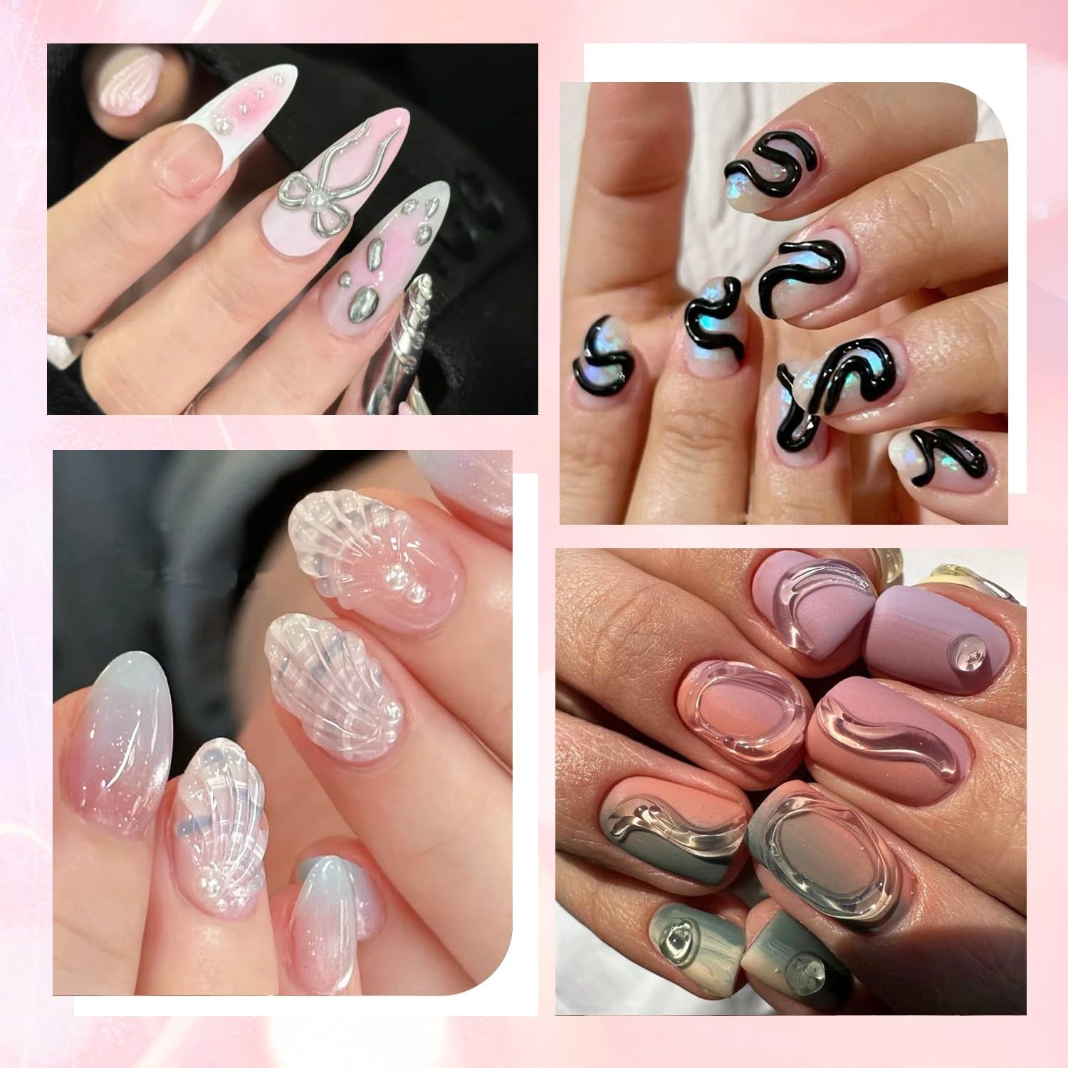 Elegant 3D Nail Art Set – No Wipe Black & Clear Gels with Elegant Chrome Finish